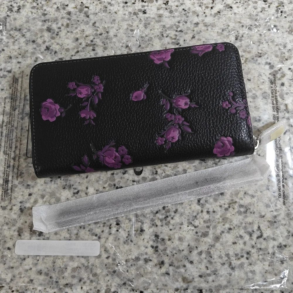 Coach Long Zip Around Wallet With Floral Print, black and purple - Picture 5 of 10